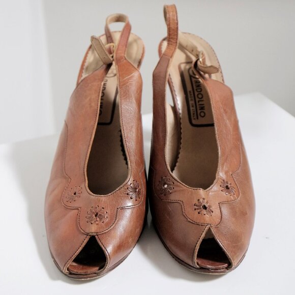 Vintage Bandolino Italy Brown Leather Peep Toe Floral Sandals - Picture 2 of 11